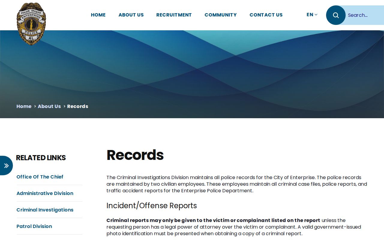 Enterprise criminal history Police Records Division information